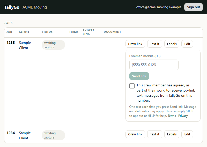 The TallyGo office screen. A job row has a Text it button, which opens a Foreman mobile number box and a disabled Send link button. Below them is an unticked checkbox labelled: This crew member has agreed, as part of their work, to receive job-link text messages from TallyGo on this number. Under it: One text each time you press Send link. Message and data rates may apply. They can reply STOP to opt out or HELP for help, with links to the Terms and the Privacy Policy.
